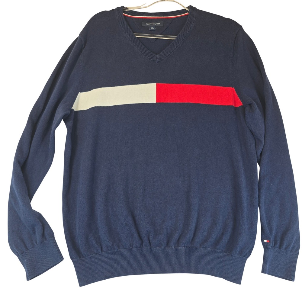 Tommy Hilfiger V Neck Sweater Men Large Navy Academia Colorbock Cotton Preppy